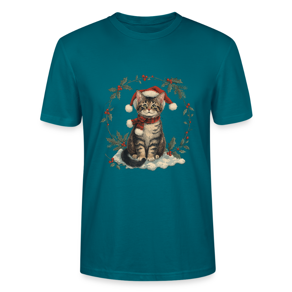 Vintage Weihnachtskatze T-Shirt | Nostalgisches 1920er Jahre Katzenmotiv | Unisex Geschenk für Katzenliebhaber | Gildan Softstyle - Ozeanblau