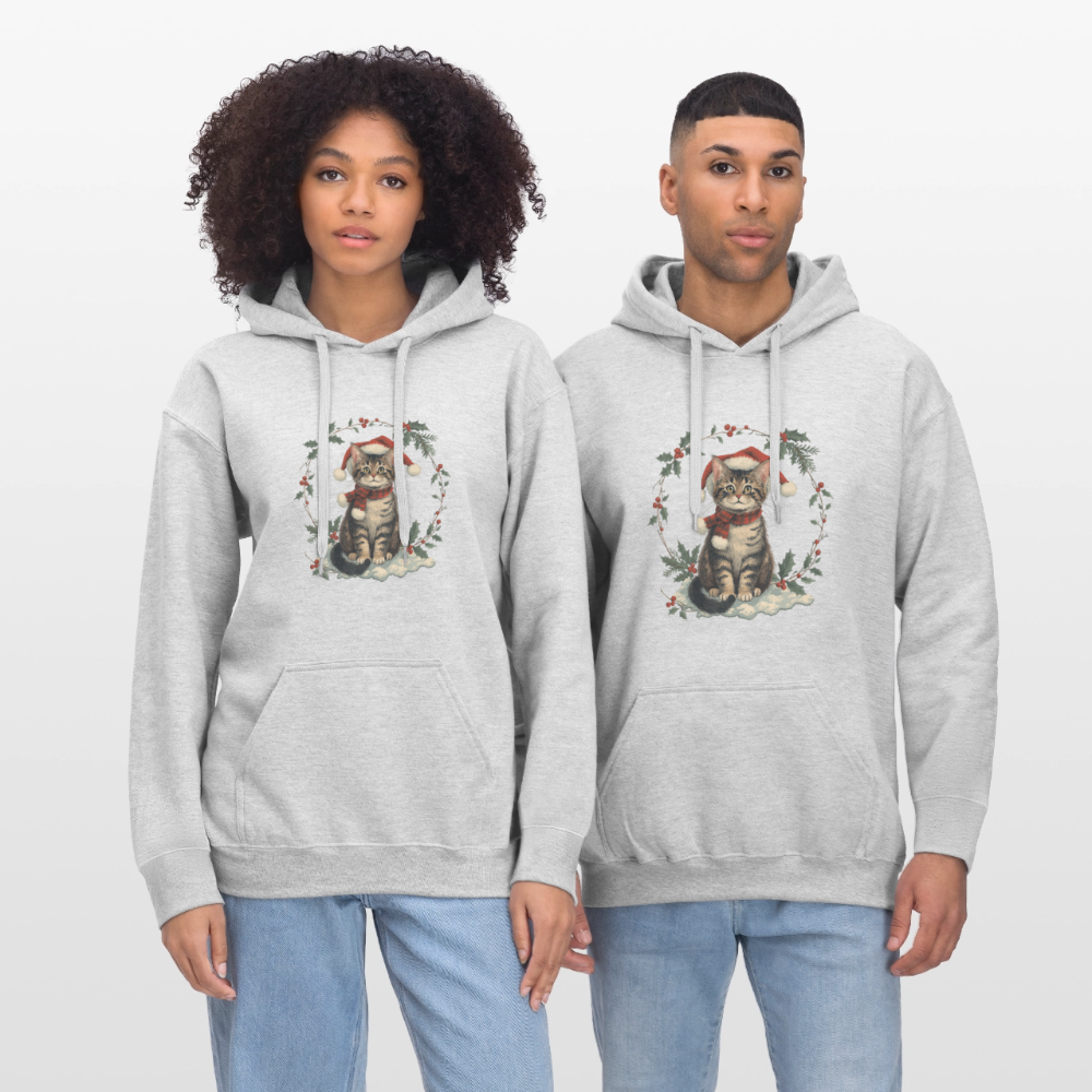 Vintage Weihnachtskatze Hoodie | Nostalgisches 1920er Jahre Katzenmotiv | Unisex Geschenk für Katzenliebhaber | Gildan Softstyle - Hellgrau meliert