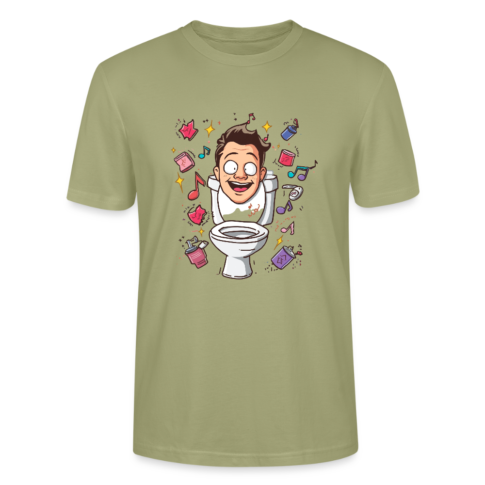 Kult-Cartoon T-Shirt "Toilette Rave" | Verrücktes Party-Design | Lustiges WC-Motiv | Chaos & Musik | Stanley/Stella - Nebelgrün