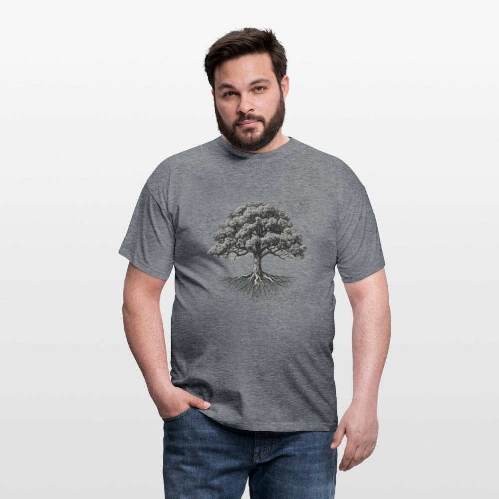 Baumdiagramm-T-Shirt – Natur- und Wissenschafts-Grafik-T-Shirt für Männer – Botanisches Baumanatomie-Shirt – Handbedrucktes Outdoor-Shirt für Naturliebhaber - Graphit meliert