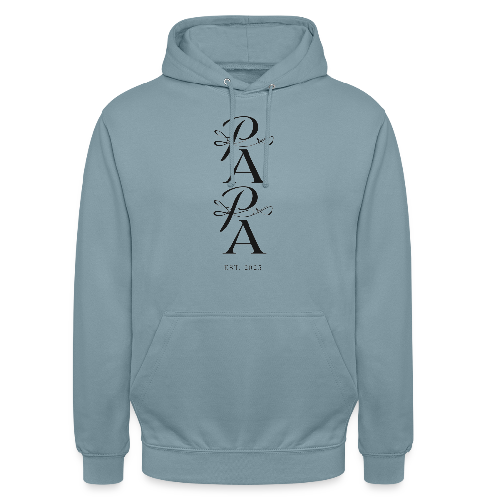 Edler PAPA Est. 2025 Hoodie | Kalligrafie Design | Luxuriöses Geschenk für den werdenden Vater | Premium Unisex Kapuzenpullover - Nebelblau