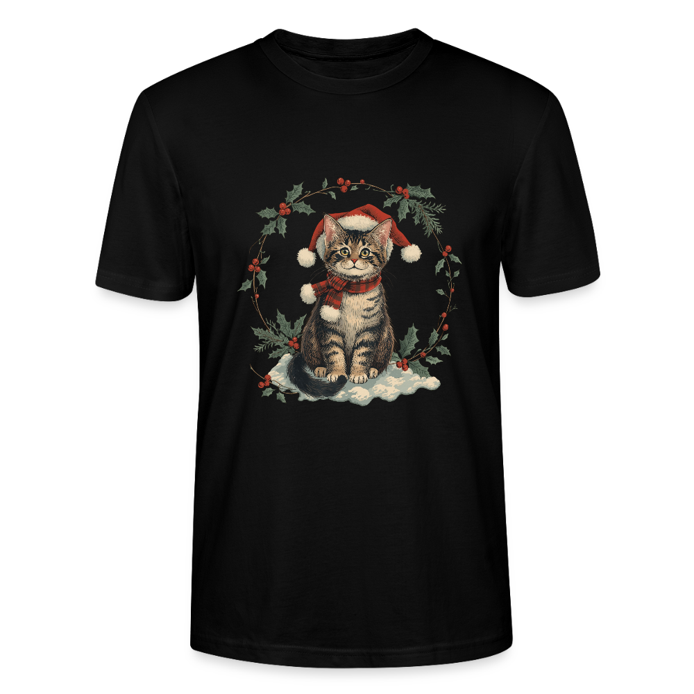 Vintage Weihnachtskatze T-Shirt | Nostalgisches 1920er Jahre Katzenmotiv | Unisex Geschenk für Katzenliebhaber | Gildan Softstyle - Schwarz