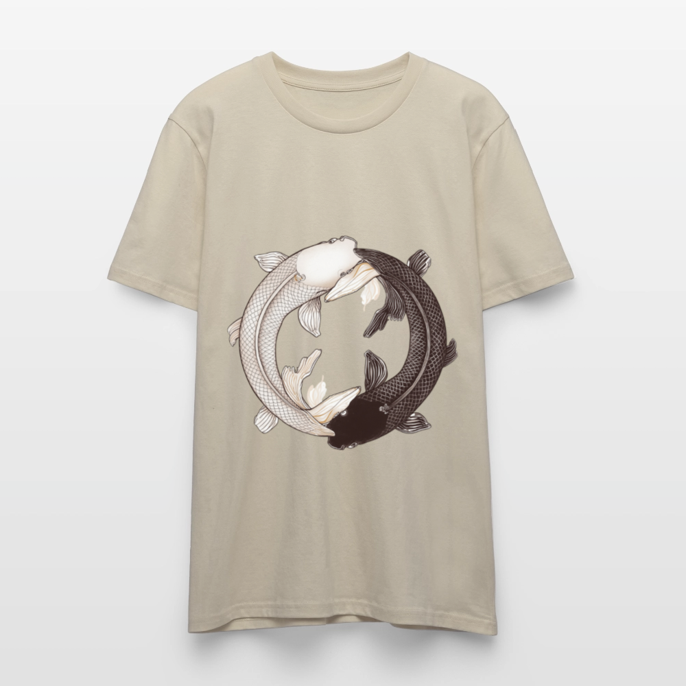 Klassisches Koi Yin & Yang T-Shirt | Detailreiche Schwarz-Weiß Illustration | Japanische Balance & Harmonie | Stanley/Stella Bio-Baumwolle - Beige