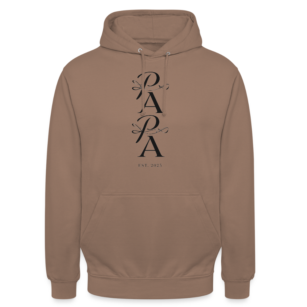 Edler PAPA Est. 2025 Hoodie | Kalligrafie Design | Luxuriöses Geschenk für den werdenden Vater | Premium Unisex Kapuzenpullover - Mokka