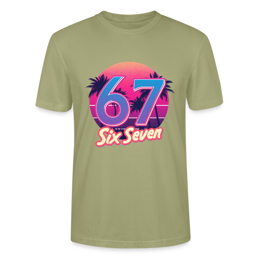 Retro Synthwave T-Shirt | 80er Jahre Neon Zahl 67 Six Seven | Miami Vice Outrun Unisex Shirt | Stanley/Stella - Nebelgrün