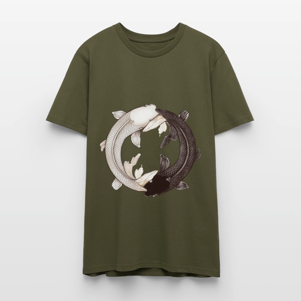 Klassisches Koi Yin & Yang T-Shirt | Detailreiche Schwarz-Weiß Illustration | Japanische Balance & Harmonie | Stanley/Stella Bio-Baumwolle - Khaki
