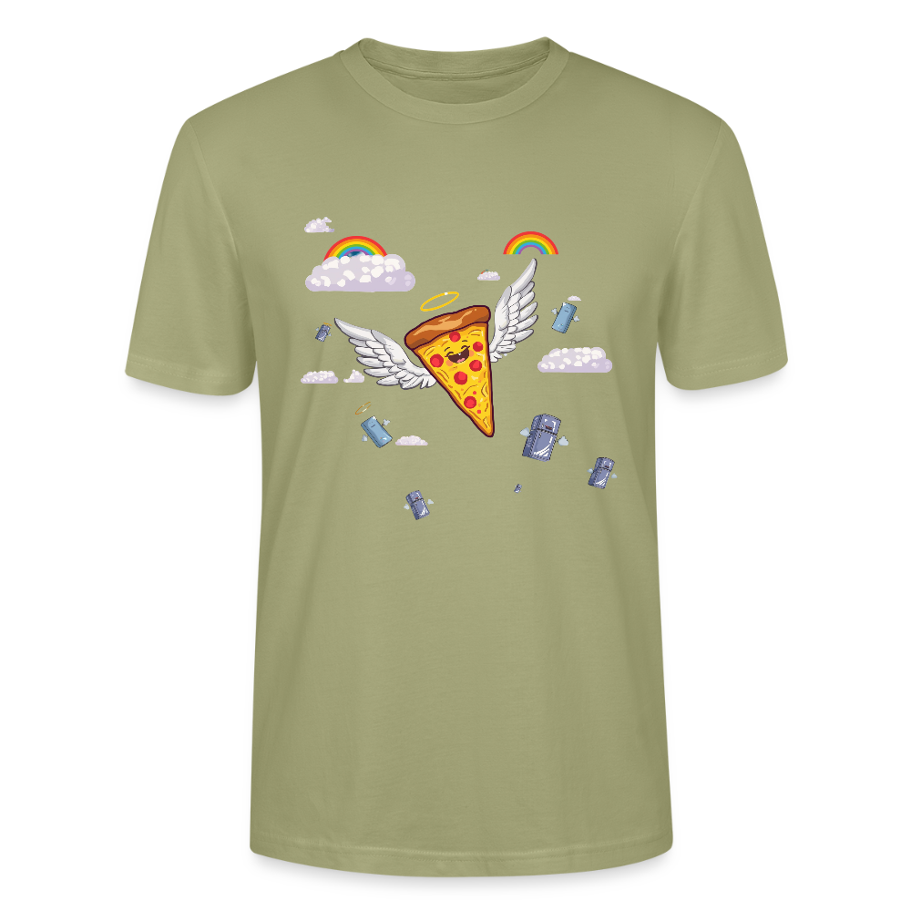 Pizza Engel T-Shirt | Fliegendes Pizzastück mit Heiligenschein | Surrealer Pop-Art Style | Space Invaders | Stanley/Stella - Nebelgrün