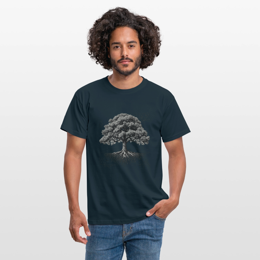 Baumdiagramm-T-Shirt – Natur- und Wissenschafts-Grafik-T-Shirt für Männer – Botanisches Baumanatomie-Shirt – Handbedrucktes Outdoor-Shirt für Naturliebhaber - Navy