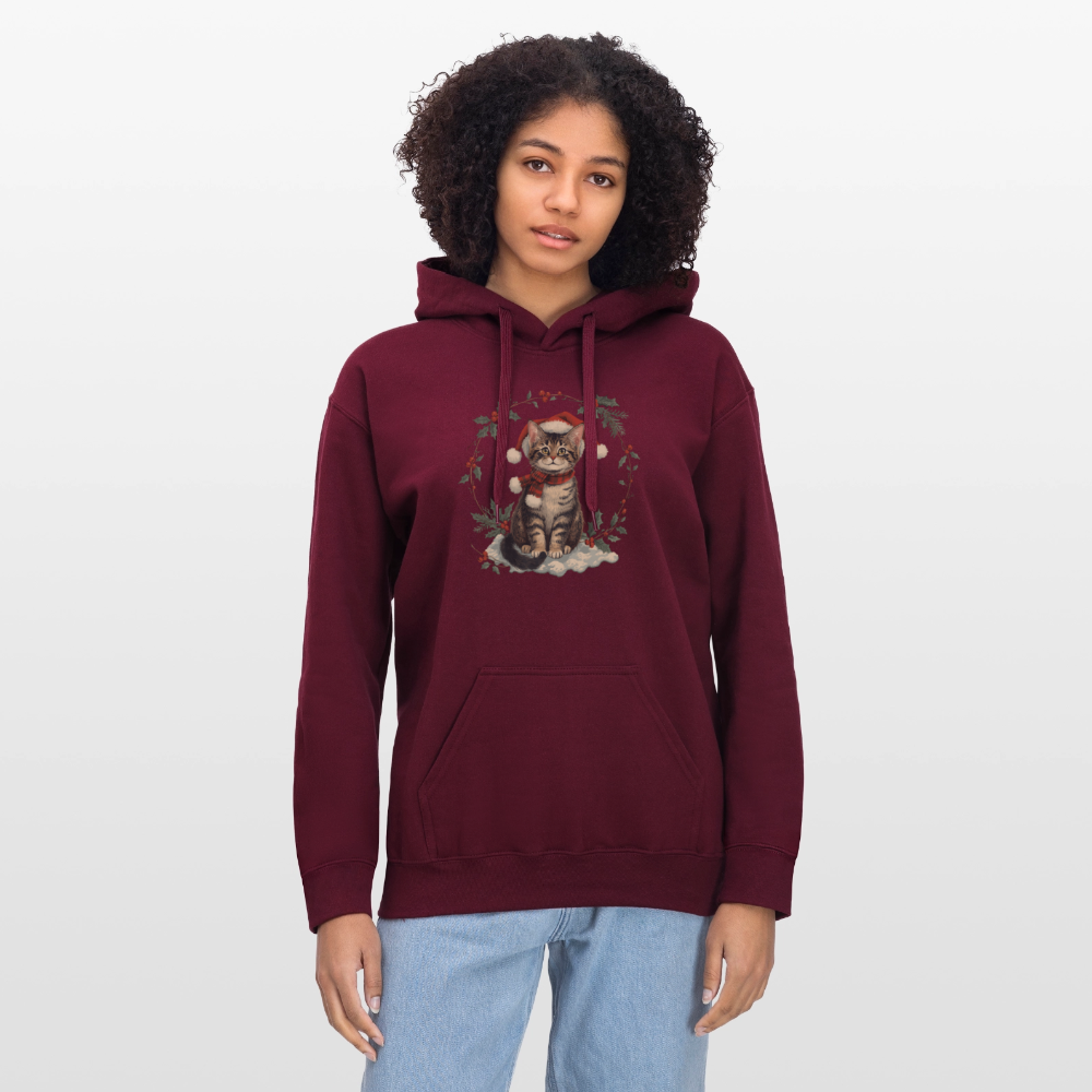 Vintage Weihnachtskatze Hoodie | Nostalgisches 1920er Jahre Katzenmotiv | Unisex Geschenk für Katzenliebhaber | Gildan Softstyle - Maroon