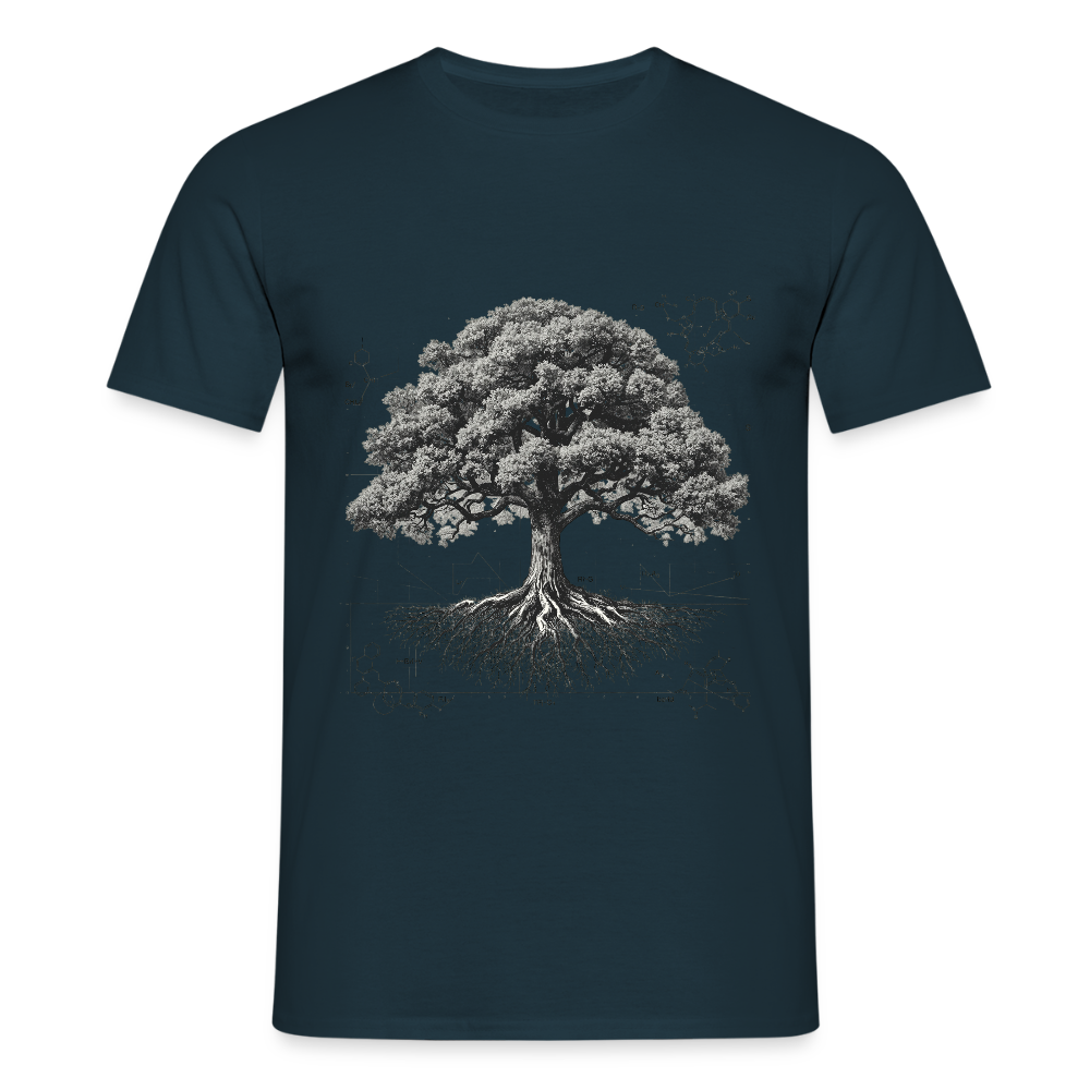 Baumdiagramm-T-Shirt – Natur- und Wissenschafts-Grafik-T-Shirt für Männer – Botanisches Baumanatomie-Shirt – Handbedrucktes Outdoor-Shirt für Naturliebhaber - Navy