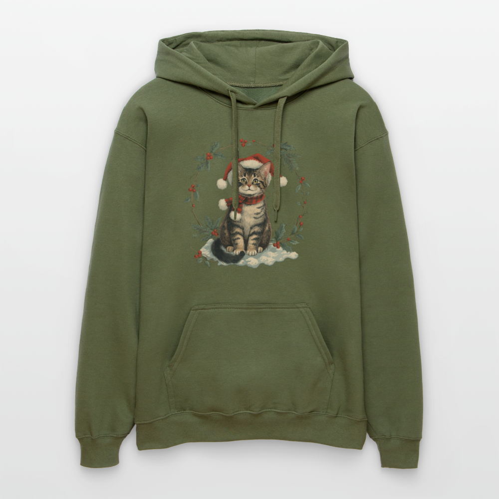 Vintage Weihnachtskatze Hoodie | Nostalgisches 1920er Jahre Katzenmotiv | Unisex Geschenk für Katzenliebhaber | Gildan Softstyle - Militärgrün