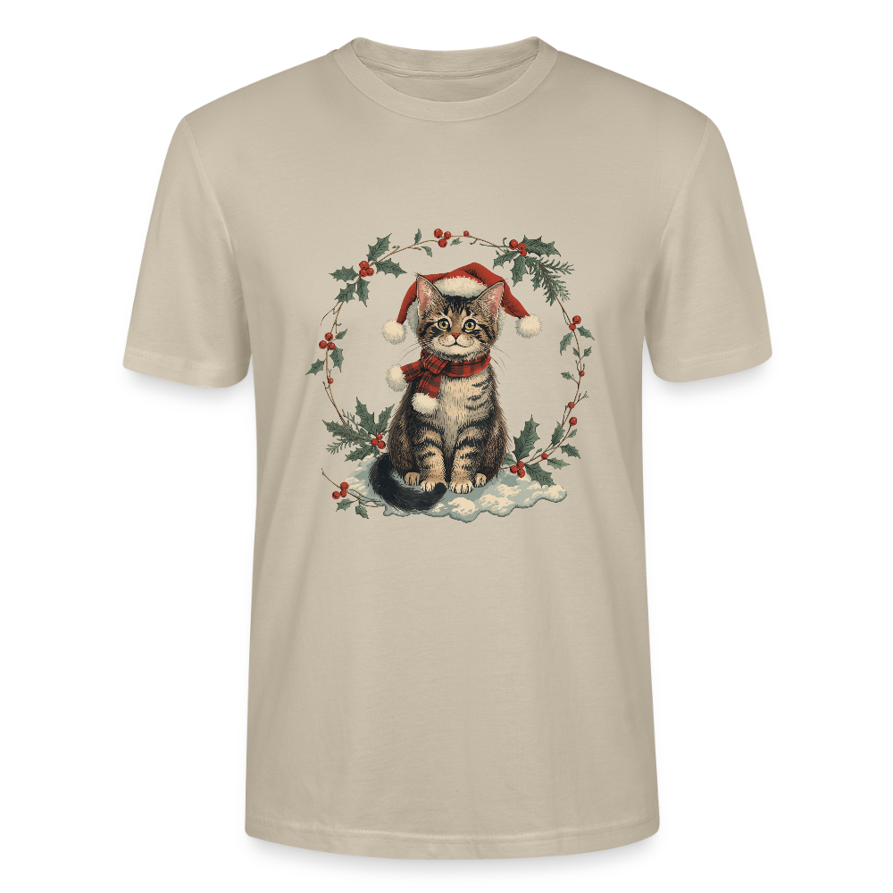 Vintage Weihnachtskatze T-Shirt | Nostalgisches 1920er Jahre Katzenmotiv | Unisex Geschenk für Katzenliebhaber | Gildan Softstyle - Beige