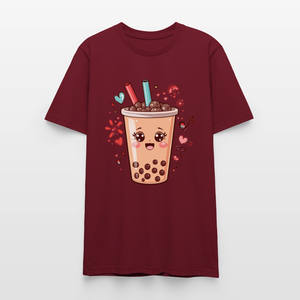 Kawaii Bubble Tea T-Shirt | Süßes Boba Cute Foodie Motiv | Anime Style mit Herzen & Musiknoten | Stanley/Stella Unisex - Burgunderrot
