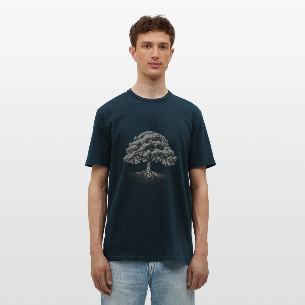 Baumdiagramm-T-Shirt – Natur- und Wissenschafts-Grafik-T-Shirt für Männer – Botanisches Baumanatomie-Shirt – Handbedrucktes Outdoor-Shirt für Naturliebhaber - Navy