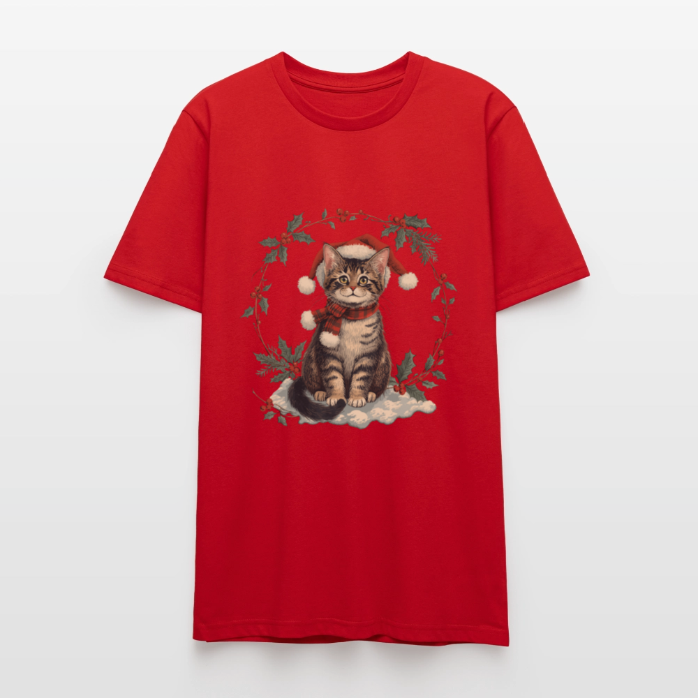Vintage Weihnachtskatze T-Shirt | Nostalgisches 1920er Jahre Katzenmotiv | Unisex Geschenk für Katzenliebhaber | Gildan Softstyle - Rot