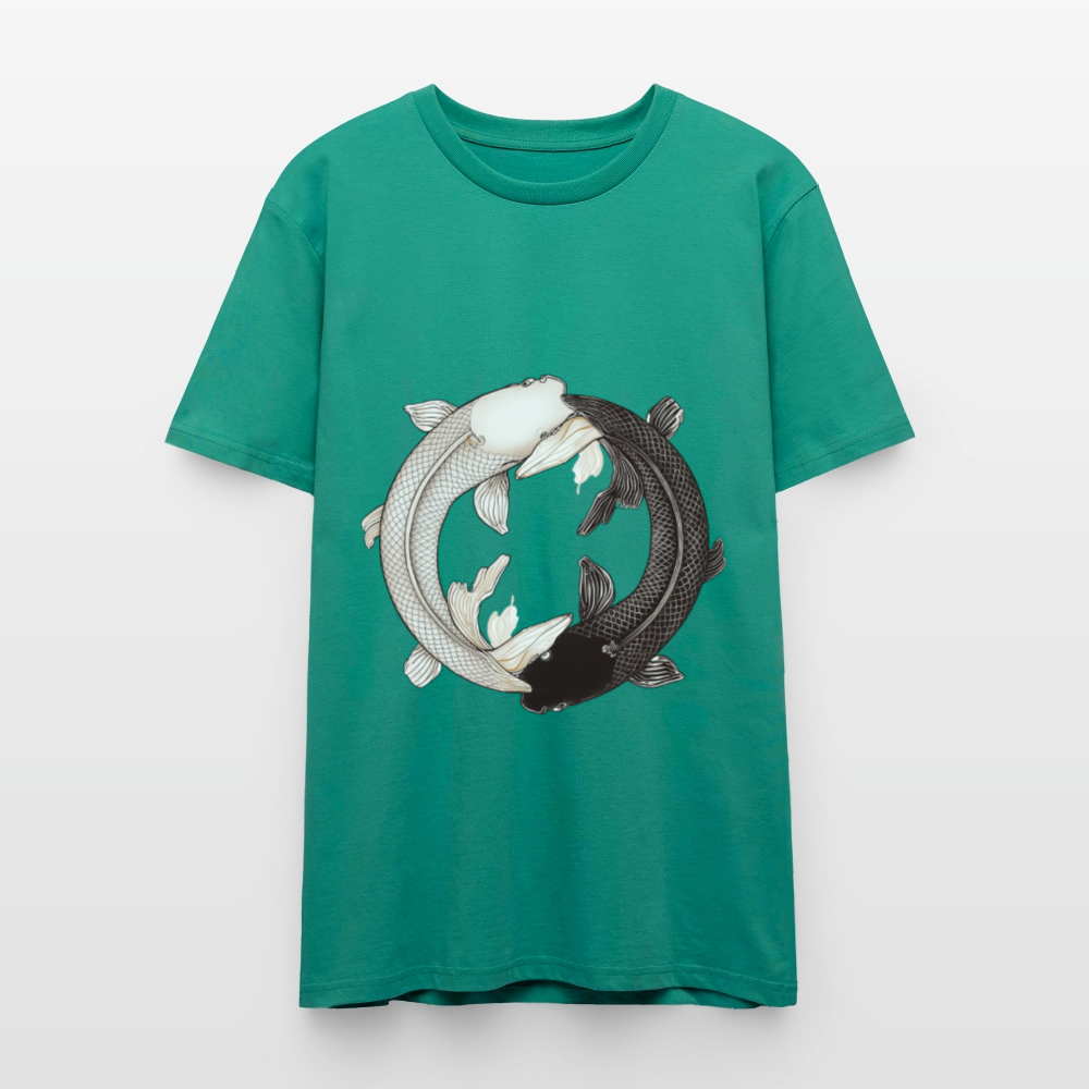 Klassisches Koi Yin & Yang T-Shirt | Detailreiche Schwarz-Weiß Illustration | Japanische Balance & Harmonie | Stanley/Stella Bio-Baumwolle - Blaugrün