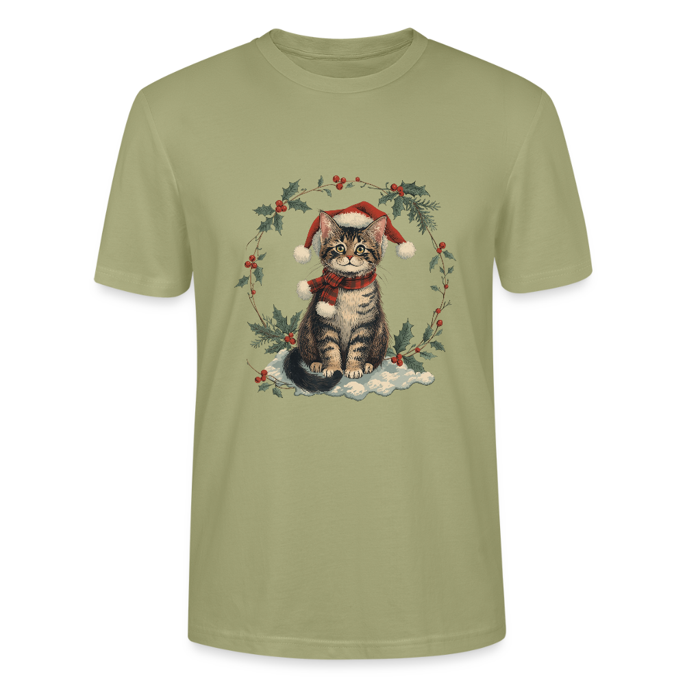Vintage Weihnachtskatze T-Shirt | Nostalgisches 1920er Jahre Katzenmotiv | Unisex Geschenk für Katzenliebhaber | Gildan Softstyle - Nebelgrün