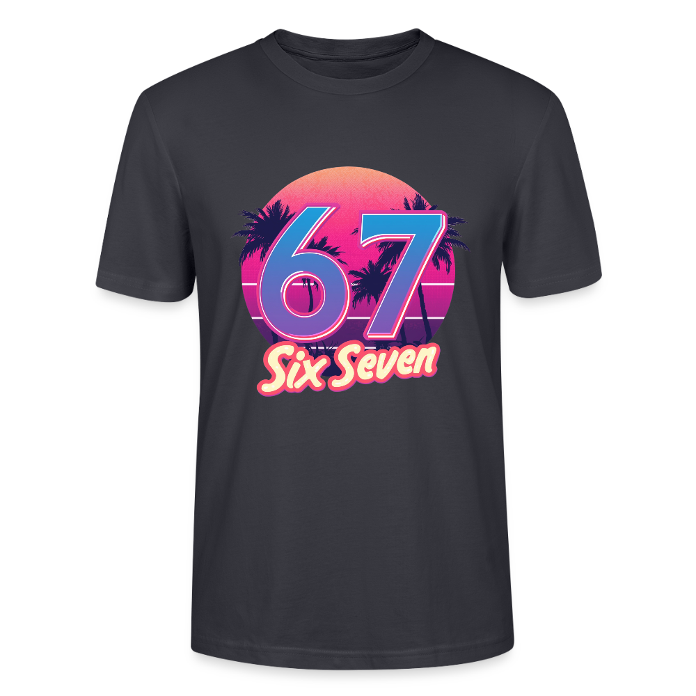 Retro Synthwave T-Shirt | 80er Jahre Neon Zahl 67 Six Seven | Miami Vice Outrun Unisex Shirt | Stanley/Stella - Dunkles Graublau