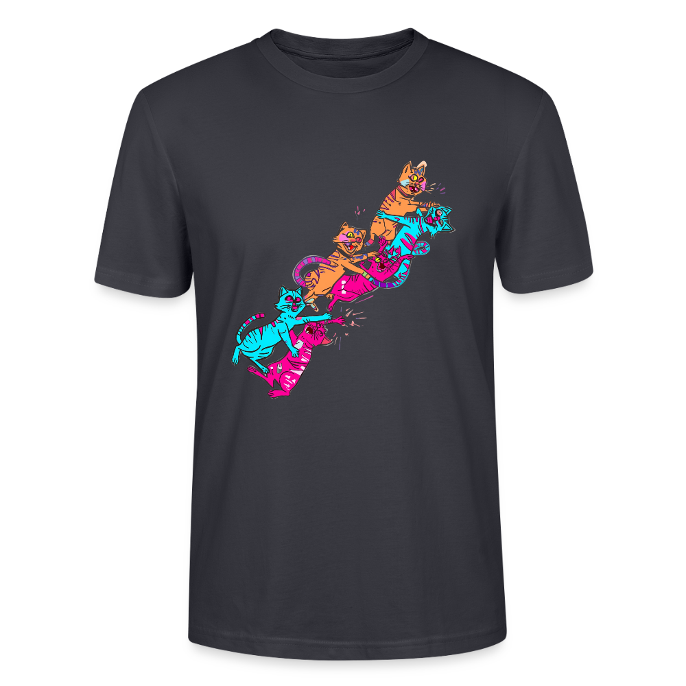 Neon Cat Gang T-Shirt | Verrückte Katzen auf Roller | Vibrant Streetwear Design | Stanley/Stella Bio-Baumwolle - Dunkles Graublau