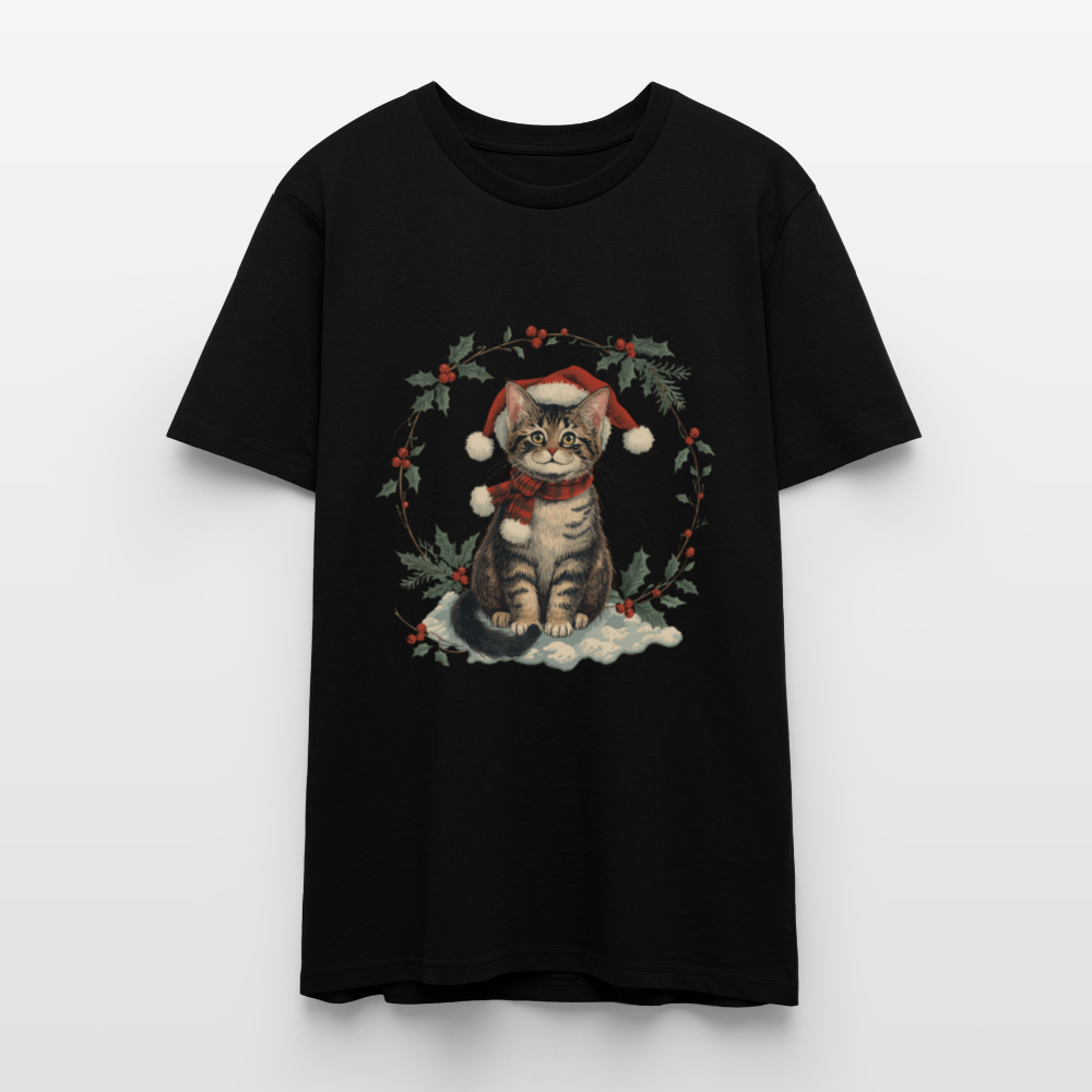 Vintage Weihnachtskatze T-Shirt | Nostalgisches 1920er Jahre Katzenmotiv | Unisex Geschenk für Katzenliebhaber | Gildan Softstyle - Schwarz