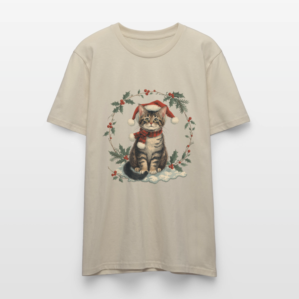 Vintage Weihnachtskatze T-Shirt | Nostalgisches 1920er Jahre Katzenmotiv | Unisex Geschenk für Katzenliebhaber | Gildan Softstyle - Beige