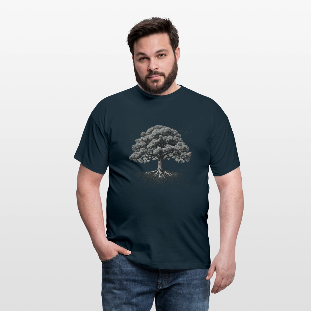 Baumdiagramm-T-Shirt – Natur- und Wissenschafts-Grafik-T-Shirt für Männer – Botanisches Baumanatomie-Shirt – Handbedrucktes Outdoor-Shirt für Naturliebhaber - Navy