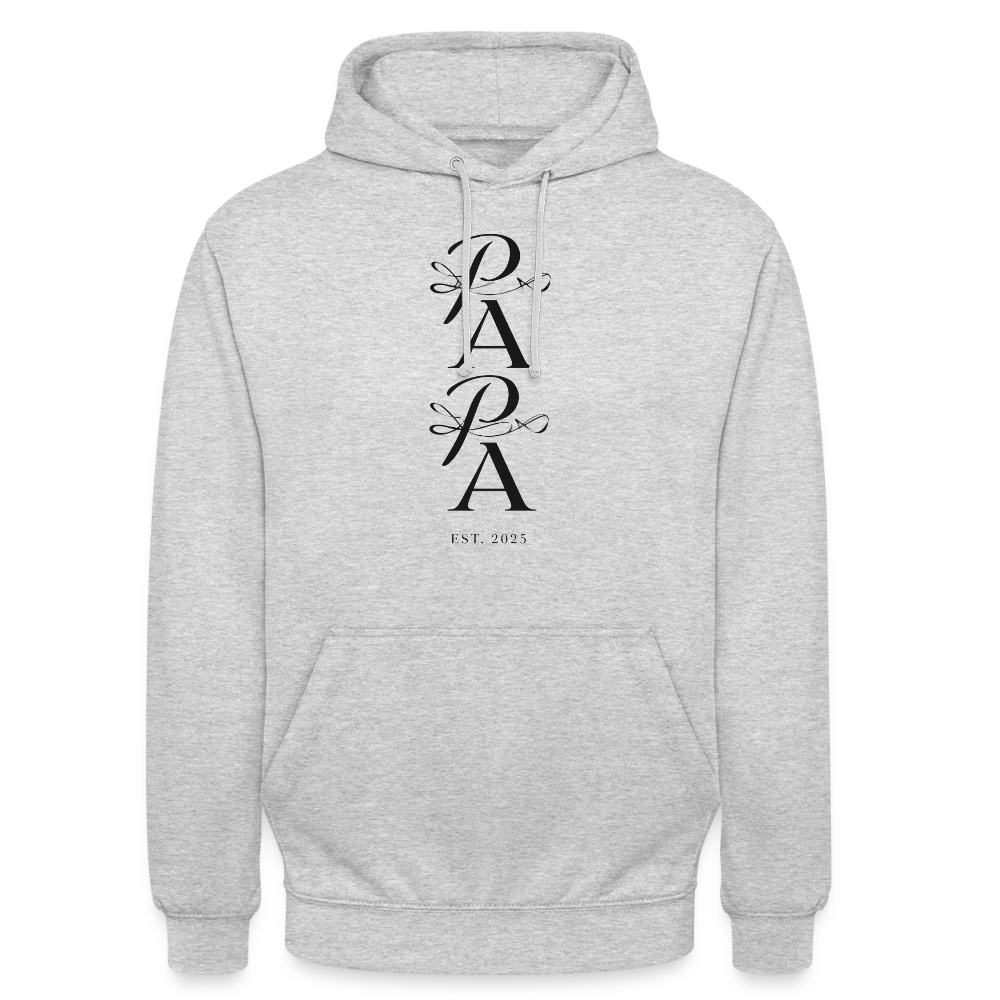 Edler PAPA Est. 2025 Hoodie | Kalligrafie Design | Luxuriöses Geschenk für den werdenden Vater | Premium Unisex Kapuzenpullover - Hellgrau meliert