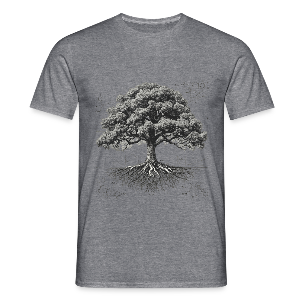 Baumdiagramm-T-Shirt – Natur- und Wissenschafts-Grafik-T-Shirt für Männer – Botanisches Baumanatomie-Shirt – Handbedrucktes Outdoor-Shirt für Naturliebhaber - Graphit meliert