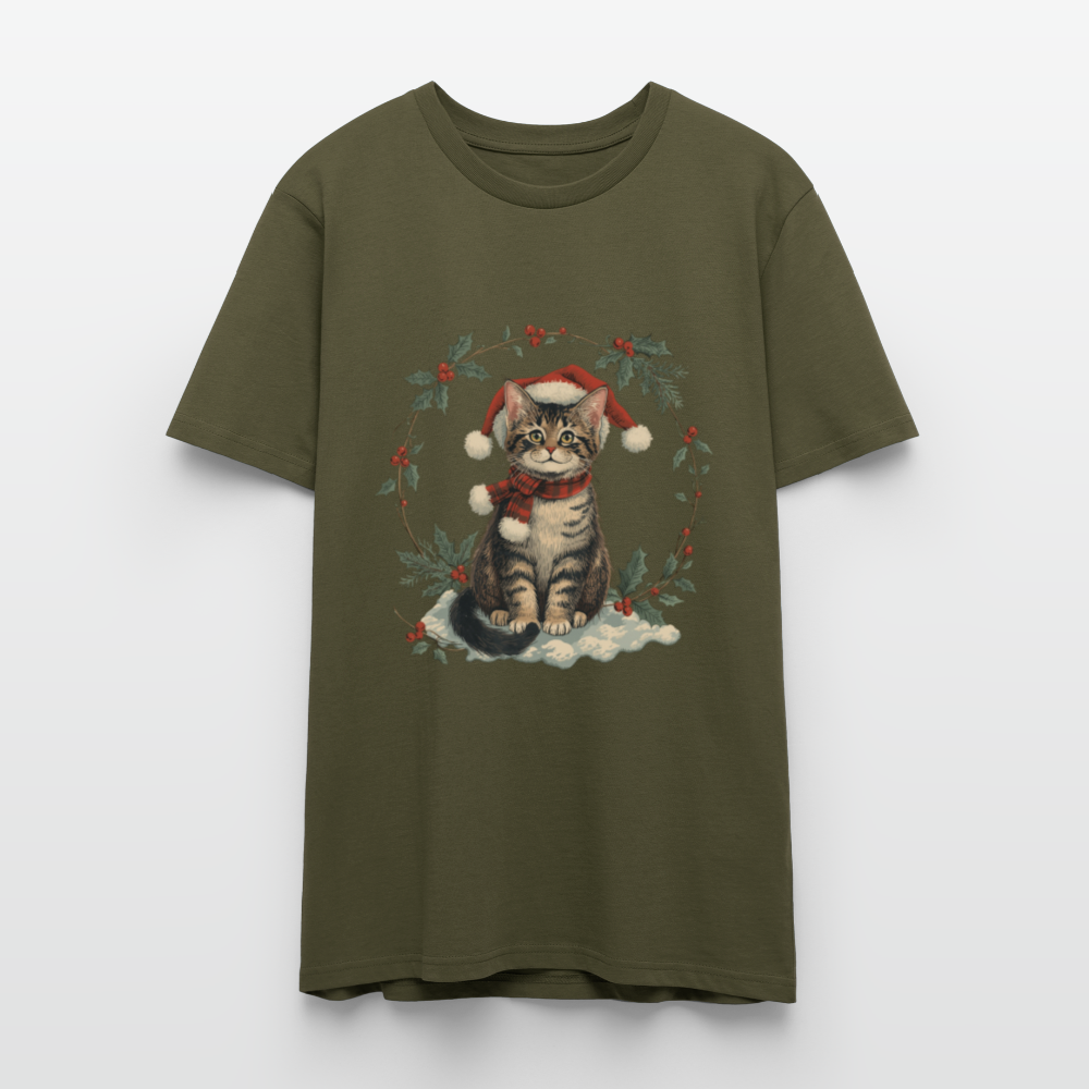 Vintage Weihnachtskatze T-Shirt | Nostalgisches 1920er Jahre Katzenmotiv | Unisex Geschenk für Katzenliebhaber | Gildan Softstyle - Khaki