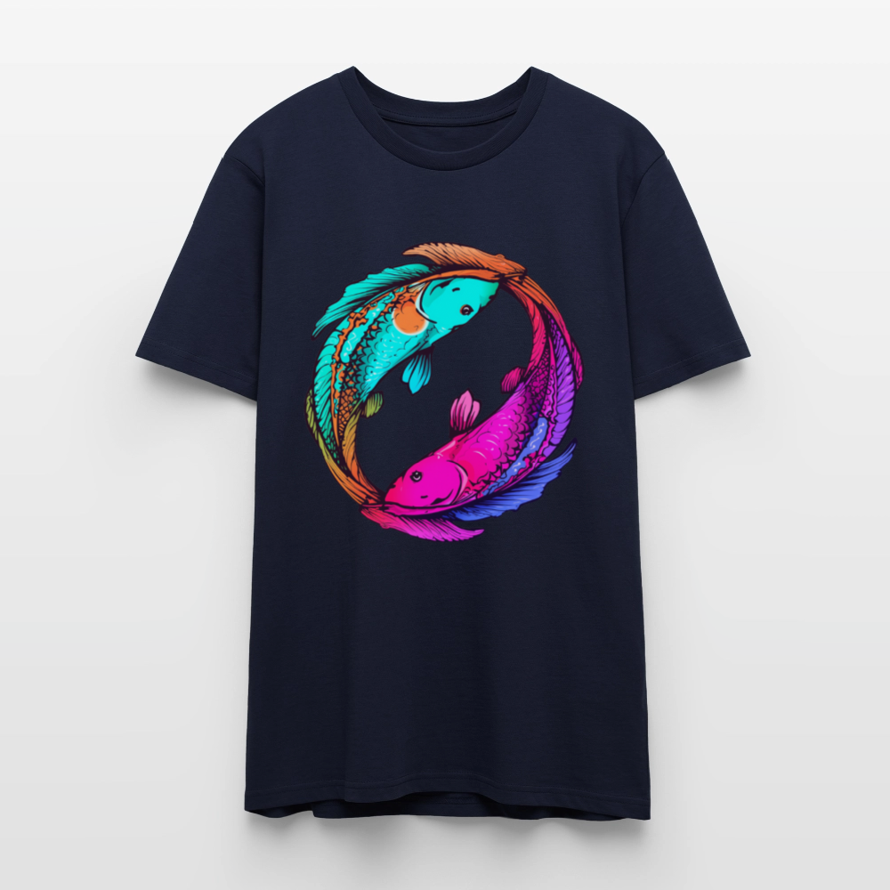Yin & Yang Koi T-Shirt | Neon Cyberpunk Fisch Design | Japanische Balance & Harmonie | Stanley/Stella Unisex Bio-Baumwolle - Navy