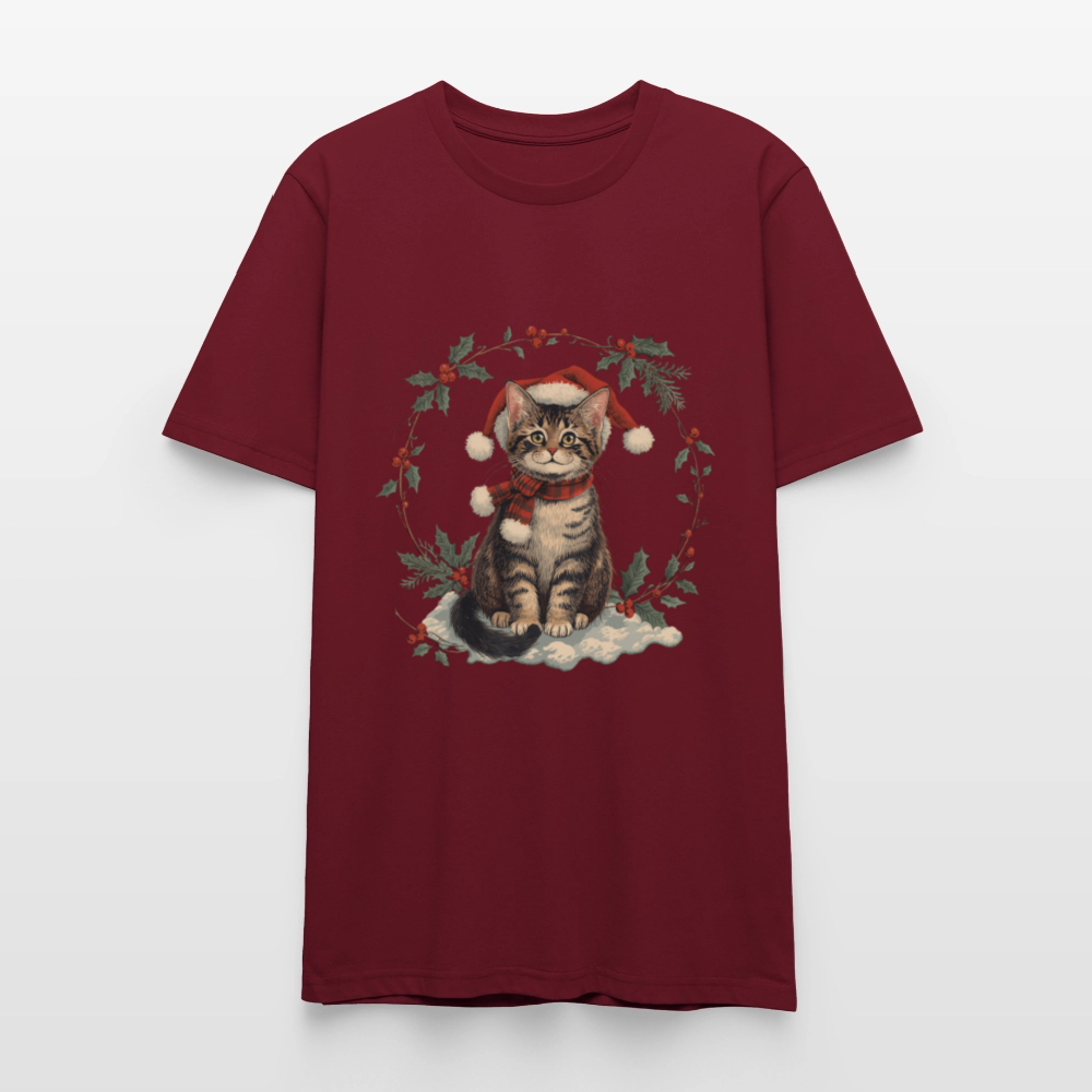 Vintage Weihnachtskatze T-Shirt | Nostalgisches 1920er Jahre Katzenmotiv | Unisex Geschenk für Katzenliebhaber | Gildan Softstyle - Burgunderrot