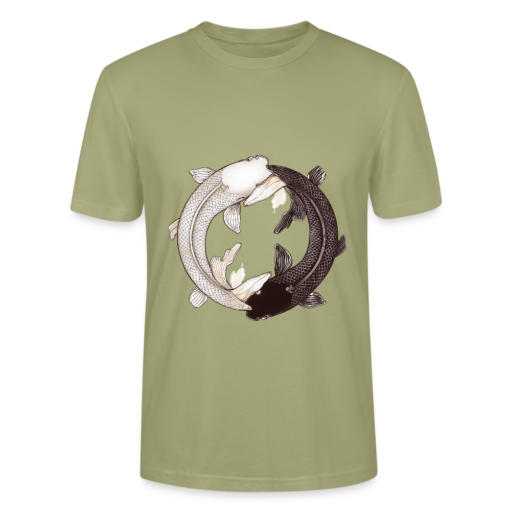 Klassisches Koi Yin & Yang T-Shirt | Detailreiche Schwarz-Weiß Illustration | Japanische Balance & Harmonie | Stanley/Stella Bio-Baumwolle - Nebelgrün