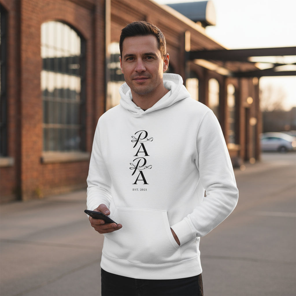 Edler PAPA Est. 2025 Hoodie | Kalligrafie Design | Luxuriöses Geschenk für den werdenden Vater | Premium Unisex Kapuzenpullover
